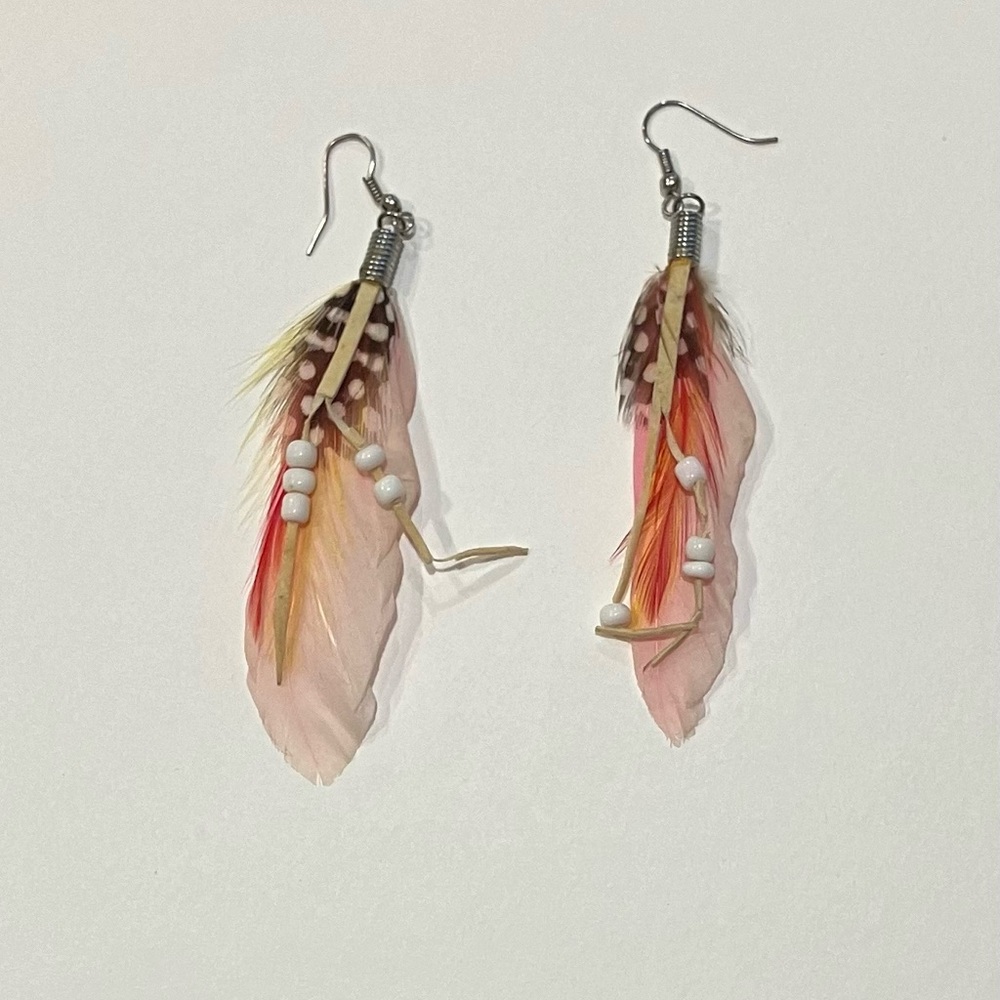 Feather and Bead Dangle Earrings - Pink and White